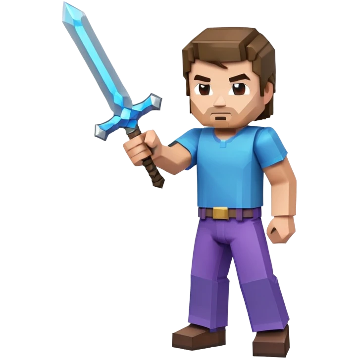 Jack Black as Minecraft Steve in combat pose holding sword, blocky character with brown hair, blue shirt, and purple pants emoji