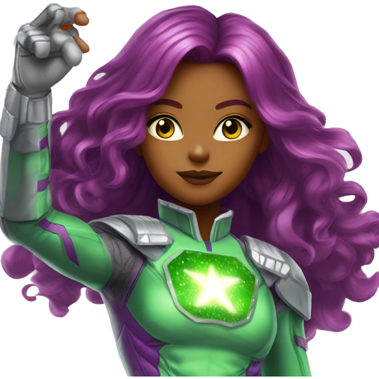 dc comics starfire glowing green eyes red long hair, purple and silver spacesuit with no helmet green jewels emoji