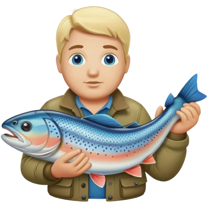Pêcheur blond avec bouc  grassouillet yeux bleus et présentant truite emoji