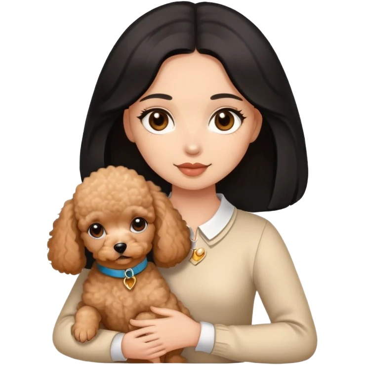 woman with  brown light skin black straight hair and brown  eyes is holding a apricotpoodle puppy emoji