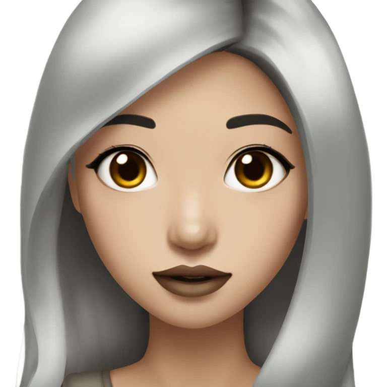 wasian girl with long dark brown hair and white/gray highlights and thick lashes and brown lipstick emoji