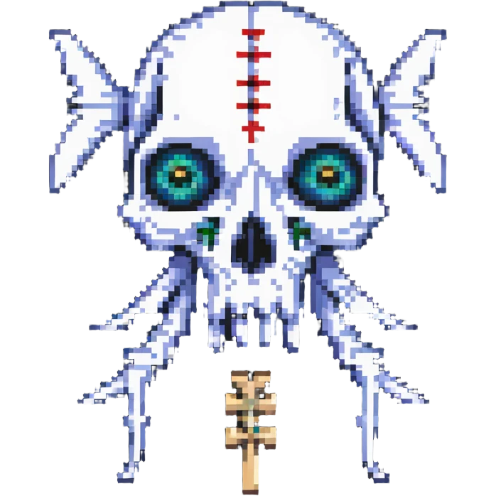 pixel art fish skull logo with X eyes and bone elements emoji