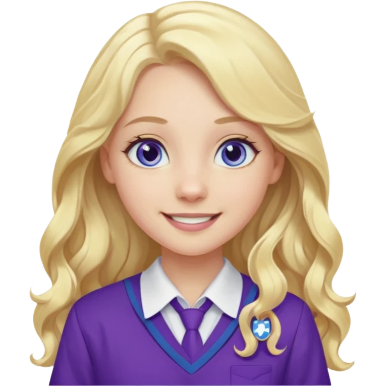 A pale girl with blue eyes and long and blonde , wavy hair , smiling wearing a purple school uniform  emoji