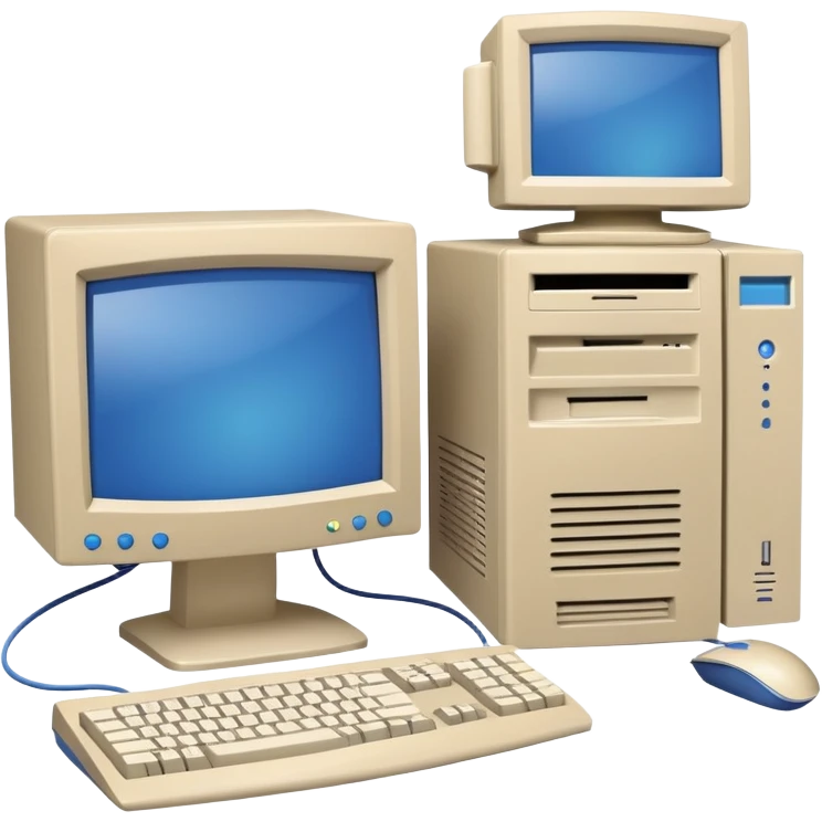 Early 2000s desktop computer, beige plastic casing, CRT monitor with blue screen, tower CPU with CD drive, separate wired keyboard and mouse, simple tech setup emoji
