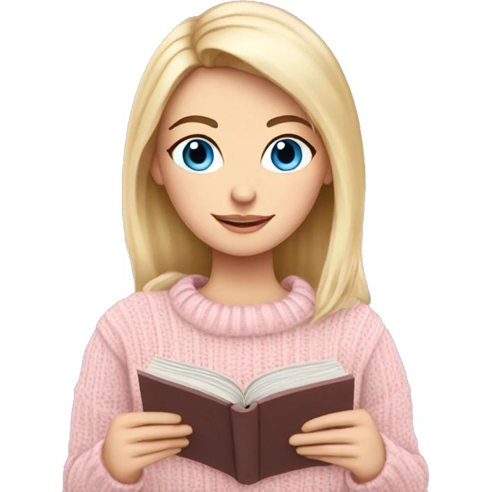 Pretty blue eyed white girl with light pink sweater reading cozy emoji