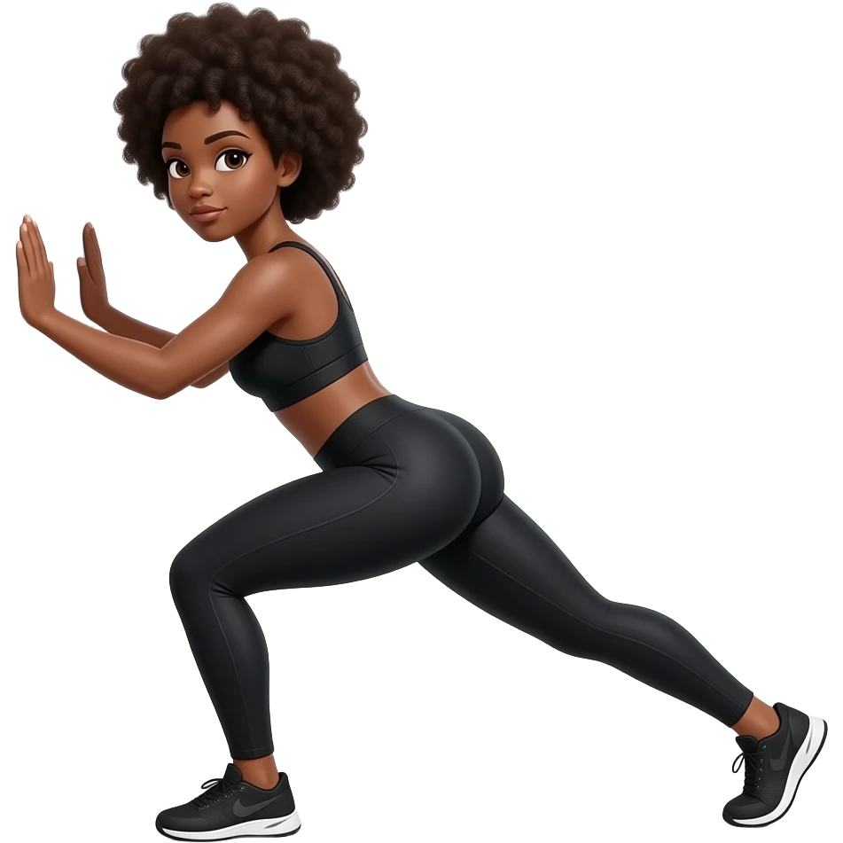 Light-brown Black woman, afro hair, wearing black sports bra and leggings, performing  , full body, toned glutes and legs, strong posture, realistic fitness style, clean background, soft lighting. 
SHE PLACED HER HANDS ON THE WALL WHILE STANDING DOIMG KICKBACK WITH HER LEGS emoji