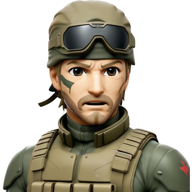 Cinematic Realistic Metal Gear Solid Snake Soldier Portrait, head tilted dramatically with an exaggeratedly amused expression, blending stealthy seriousness with a touch of unexpected humor. His rugged features, set against intricately detailed tactical gear in muted earth tones, are rendered with lifelike texture and dynamic lighting, high shine, dramatic yet whimsical, capturing the essence of a soldier whose epic covert skills are matched by a playful, irreverent spark. emoji