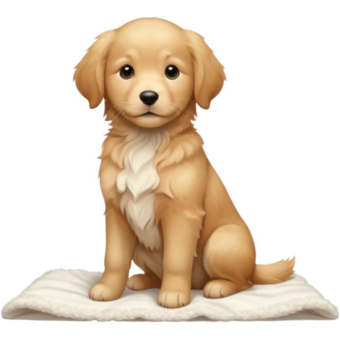 A Golden Retriever puppy standing peacefully on a soft blanket indoors. Cozy home environment, natural lighting, soft focus, adorable realism. emoji