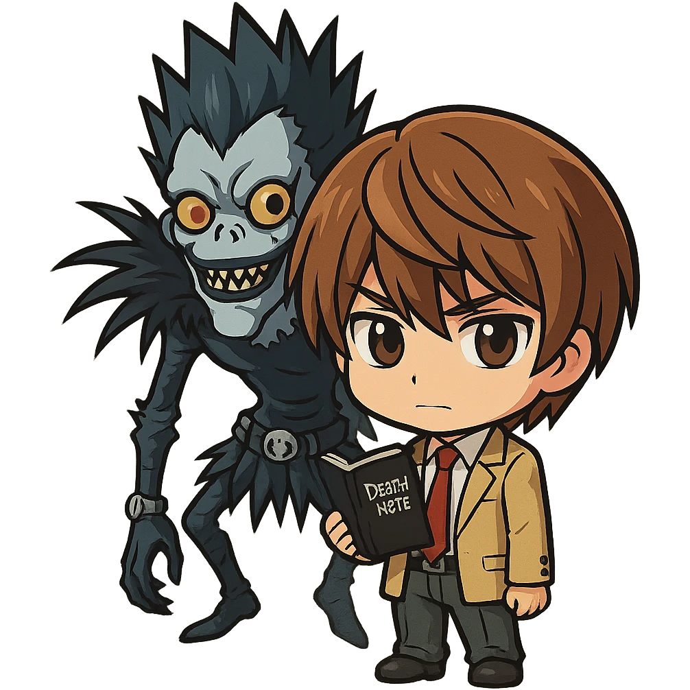 chibi style Light Yagami from Death Note holding the Death Note, Ryuk in the background, brown hair, school uniform emoji