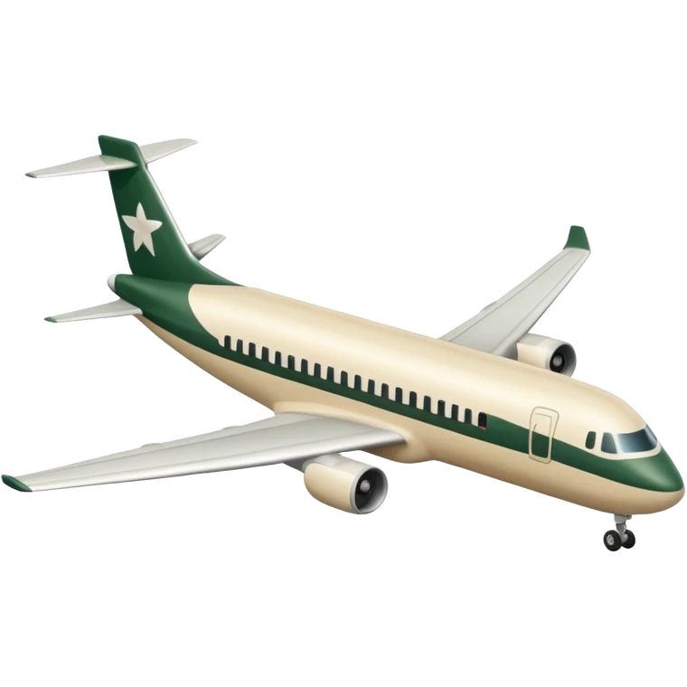 passenger airplane with long fuselage, main color light beige (milky), only dark green (#173e12) details, no other colors, Apple emoji style, no text emoji