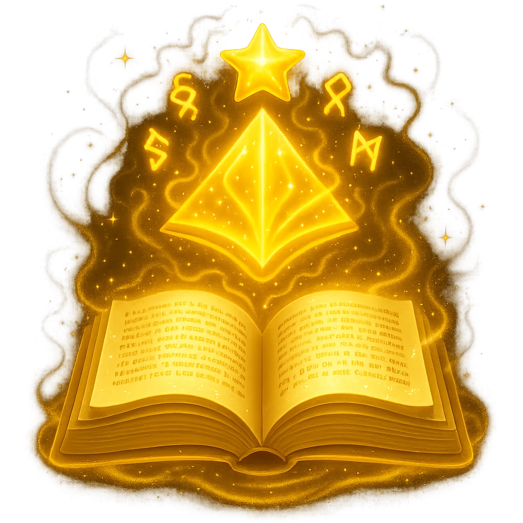 Make the mystic yellow book even more mystical in the style of apple emojis. Add a glowing magical aura, floating runes, swirling sparkles, and mysterious energy around the book. Keep no background. emoji