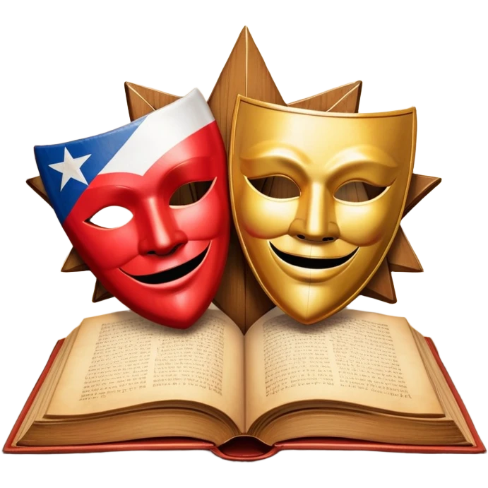 Ancient leatherbound book with prominent Puerto Rican flag star in center of cover, wooden theater masks and curtains framing the edges, warm amber glow emanating from pages, vintage textured parchment emoji