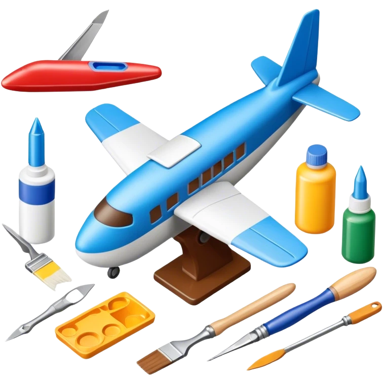 photorealistic icon featuring model-building tools like glue, paint, paintbrushes, pieces of a plastic model airplane in the process of being assembled. The design includes detailed textures of the model pieces and tools, capturing the focus and creativity of model building. Transparent background. emoji