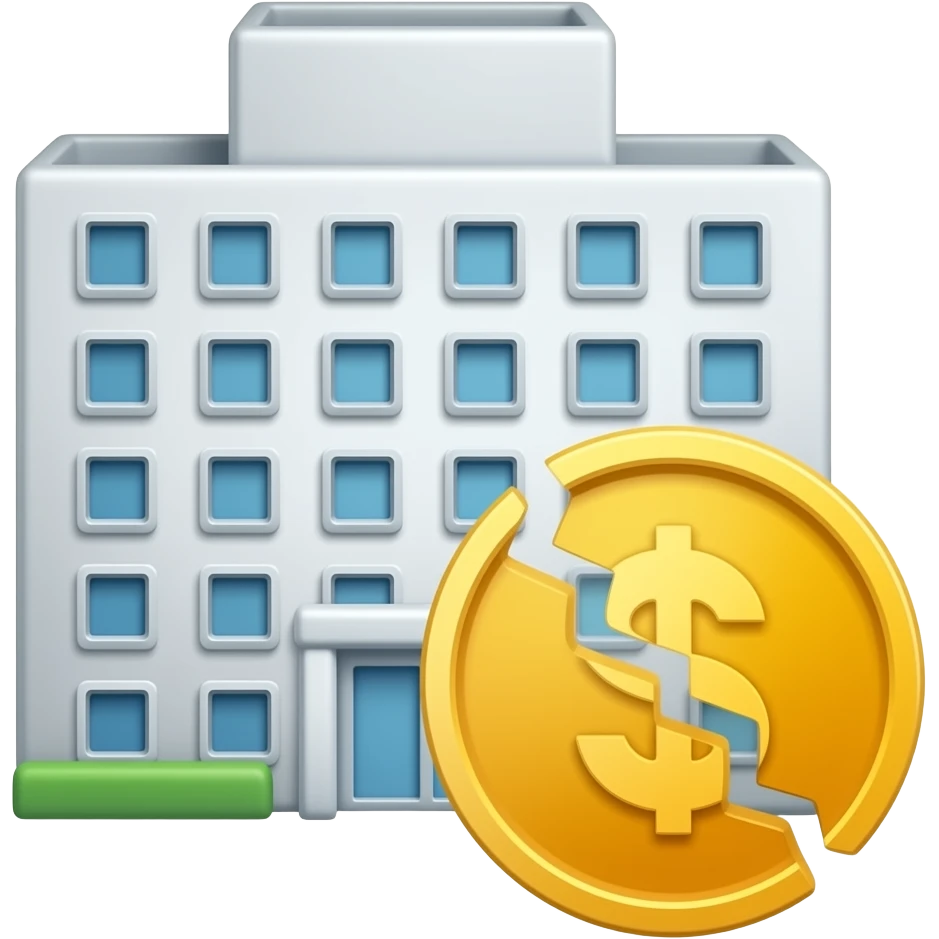 Create an emoji that shows a company building with a downward arrow and a broken coin. emoji