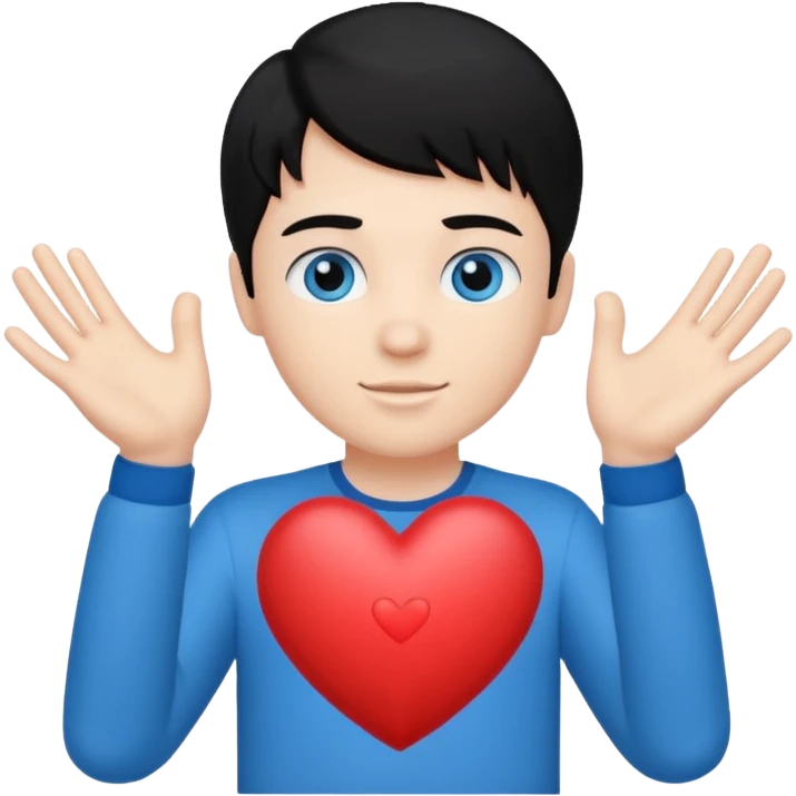 White boy with black hair holding up heart hands emoji