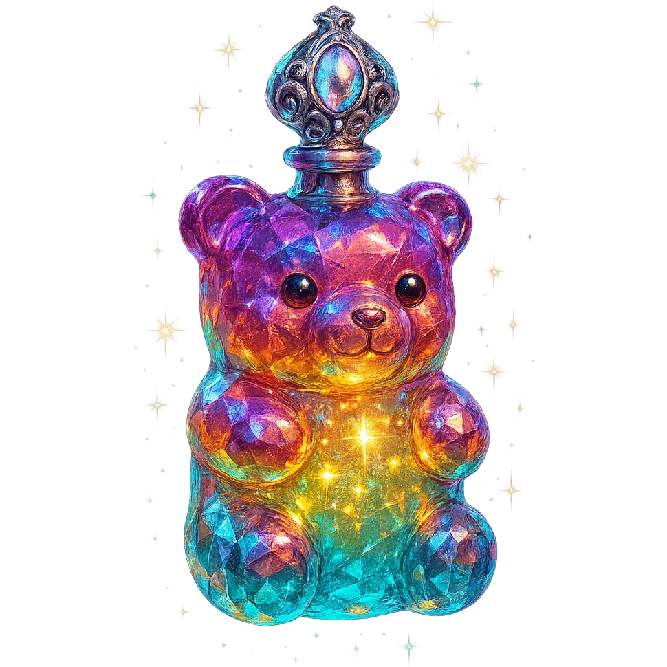 luxurious crystal elixir bottle in gummy bear shape, vibrant translucent color, ornate silver and iridescent details, magical glowing and sparkling effects, very small neck, seamless bottom, transparent background, bottle clearly floating in air, no base or shadow, modern, collection style emoji