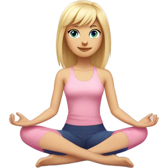 blonde with bangs and blue eyes yoga girl light pink clothes sitting on yoga mat emoji