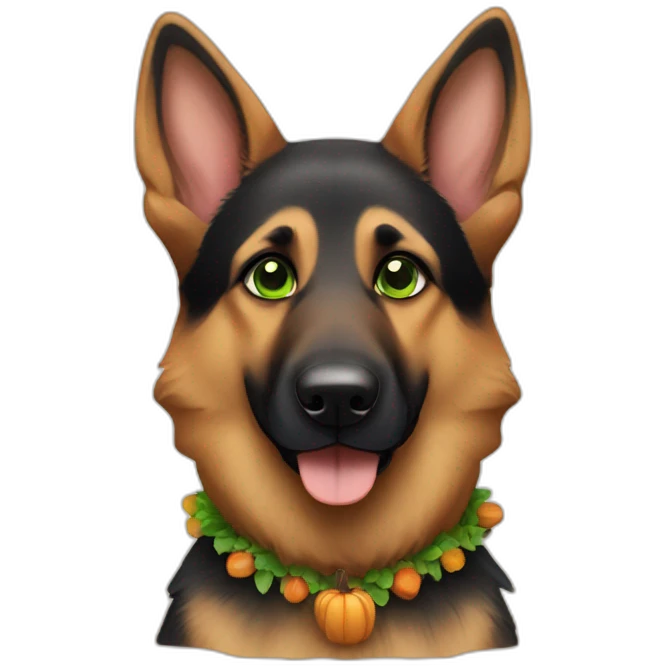 A cute german shepherd with green eyes dressed for thanksgiving emoji