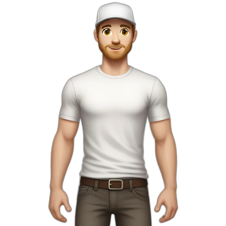 Pale skinned fit Man with dark brown hair in a light gray cap, dark brown jeans, brown polo and white T-shirt keeping a pasted with tape white box into his hands emoji