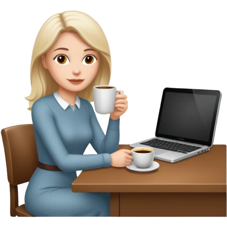 mujer blanca tomando cafe y con un computador sentada en una mesa  emoji