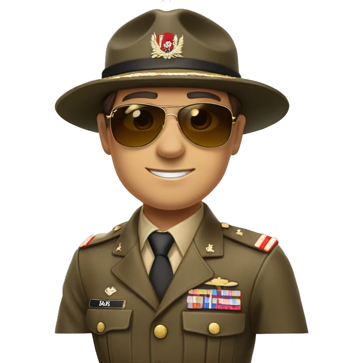 brown eyes, brown hair, ray ban sunglasses, commander of the land forces, white skin, he has a hat emoji