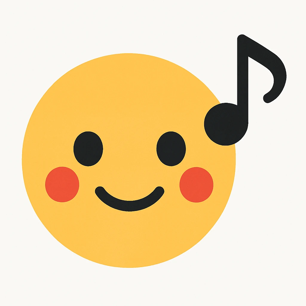 Adjust the emoji style to match the Rednote app emoji style exactly: flat, soft rounded face, bold eyes, small red cheeks, floating music note, no 3D or gradients. emoji
