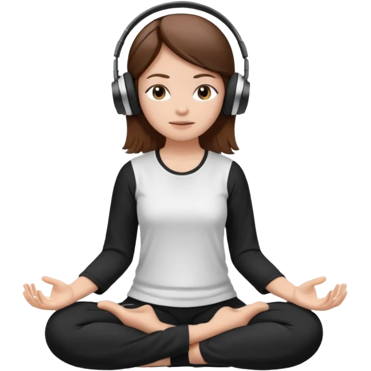 White girl, brown hair meditating with headphones on and black and white clothes emoji