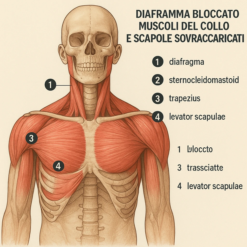 schema anatomico con numeri e legenda, diaframma bloccato, muscoli del collo e scapole sovraccaricati, spiegazione dettagliata in italiano emoji