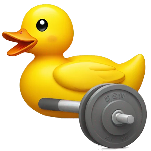 a sitting rubber duck lifting weights, side view emoji