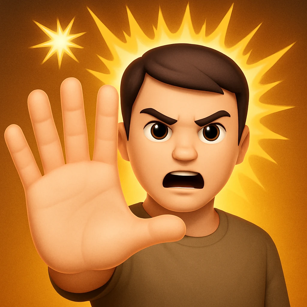 Make the arm fully outstretched toward the viewer so it is not visible behind the hand. The open palm hand should take up even more space, dominating the image. Keep the wrathful, destructive facial expression and lightning blasts in the background in the style of apple style emojis. emoji