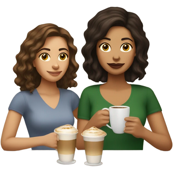 puerto rican woman light skin with shoulder-length, wavy, brown hair drinking latte with Italian woman with black, straight hair drinking espresso at table emoji