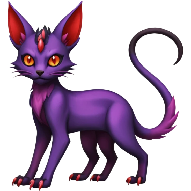 Black horned vampiric edgy demon-Noivern-Noibat-Purloin-Torracat-Lykoi-Caracal-cat-Fakemon-fusion-hybrid-creature with violet and red scale markings emoji