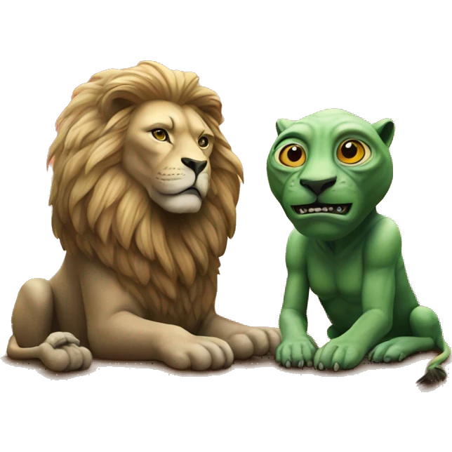 Two aliens observing a lion emoji