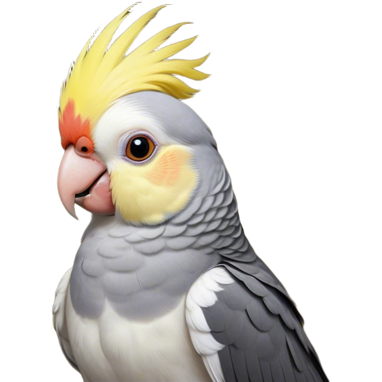 Cinematic Noble Cockatiel Portrait Emoji, Poised and regal, with a slender, delicate build and a beautifully groomed grey fur accented by vibrant yellow cheek patches and a graceful crest, deep-set soulful dark eyes, Simplified yet sharp and sophisticated features, highly detailed, glowing with a soft, dignified glow, high shine, intelligent and charming, stylized with an air of elegance, focused and attentive, soft glowing outline, capturing the essence of a watchful and confident avian companion, so majestic it feels as though it could flutter out of the screen with effortless authority! emoji