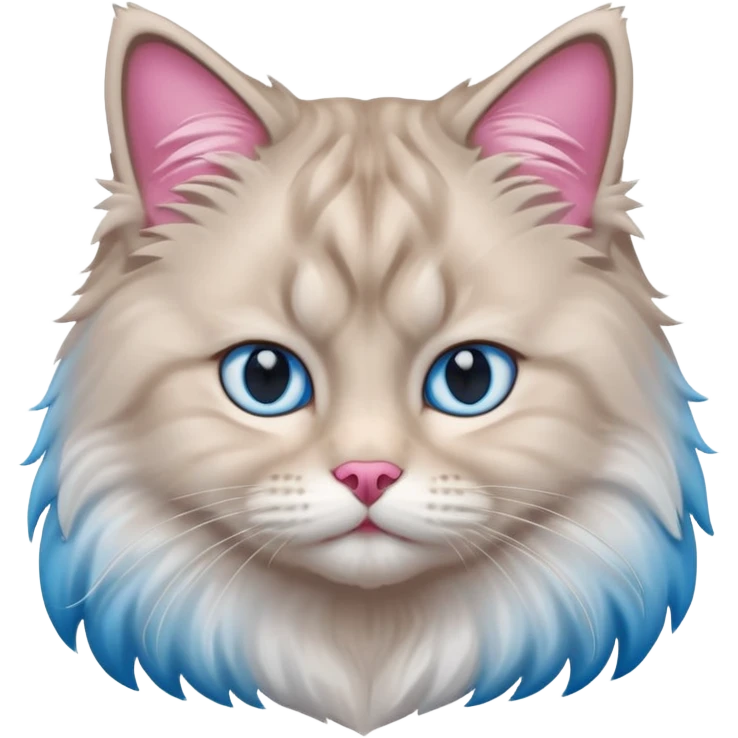 Fluffy Siberian cat face emoji, white and grey long hair, bright blue eyes, pink nose, friendly expression, 3D vector style, isolated on white background. emoji