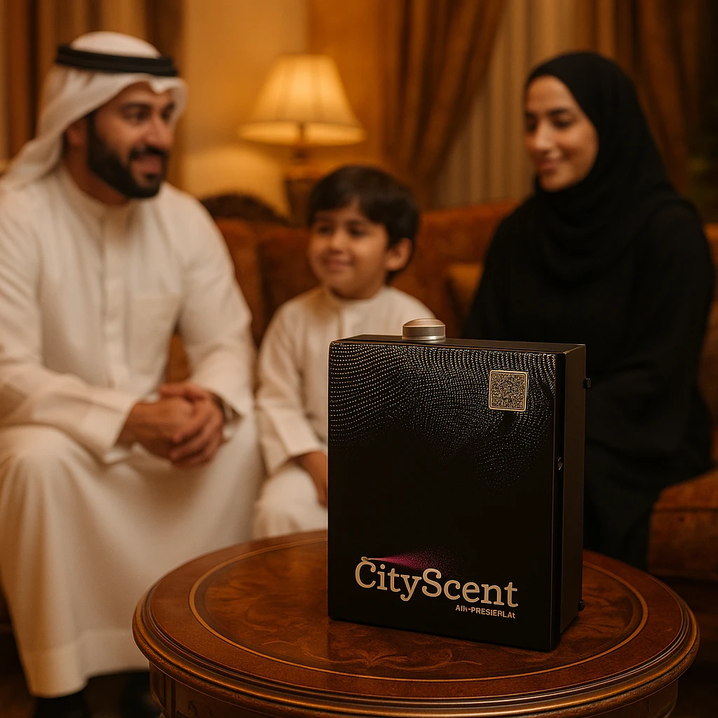 Create a vertical (portrait, 9:16 aspect ratio) Instagram Story–style image showing the CityScent air freshener machine on a table in a luxurious home interior. Include a family in traditional Arabic clothing relaxing and enjoying the scent. The style should be realistic, elegant, and visually engaging for social media. emoji