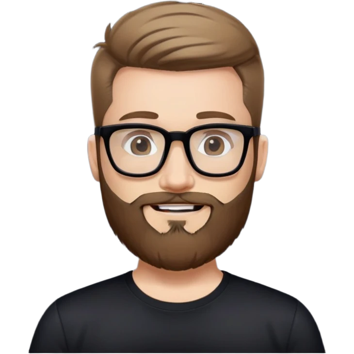 Fair-skinned man with full beard, short hair styled upward, large black-framed glasses, smiling, wearing black athletic fabric shirt emoji