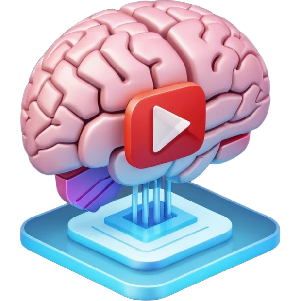 3D icon design, brain with YouTube play button symbol integrated into brain structure, glassmorphism style, soft shadows, gradient colors, modern app icon aesthetic, isometric view emoji
