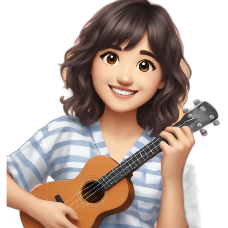 Shirley Setia shoulder length hair front looking smiling wearing pyjama playing ukulele  emoji