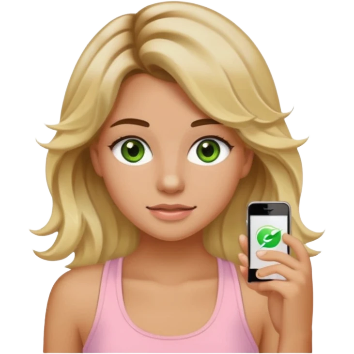 ca you make her hair a 20-year-old girl with long wavy hair brown roots blonde highlights green eyes brown eyebrows good summer tan iPhone emoji style with light pink tank top can you make her hair a little longer please emoji