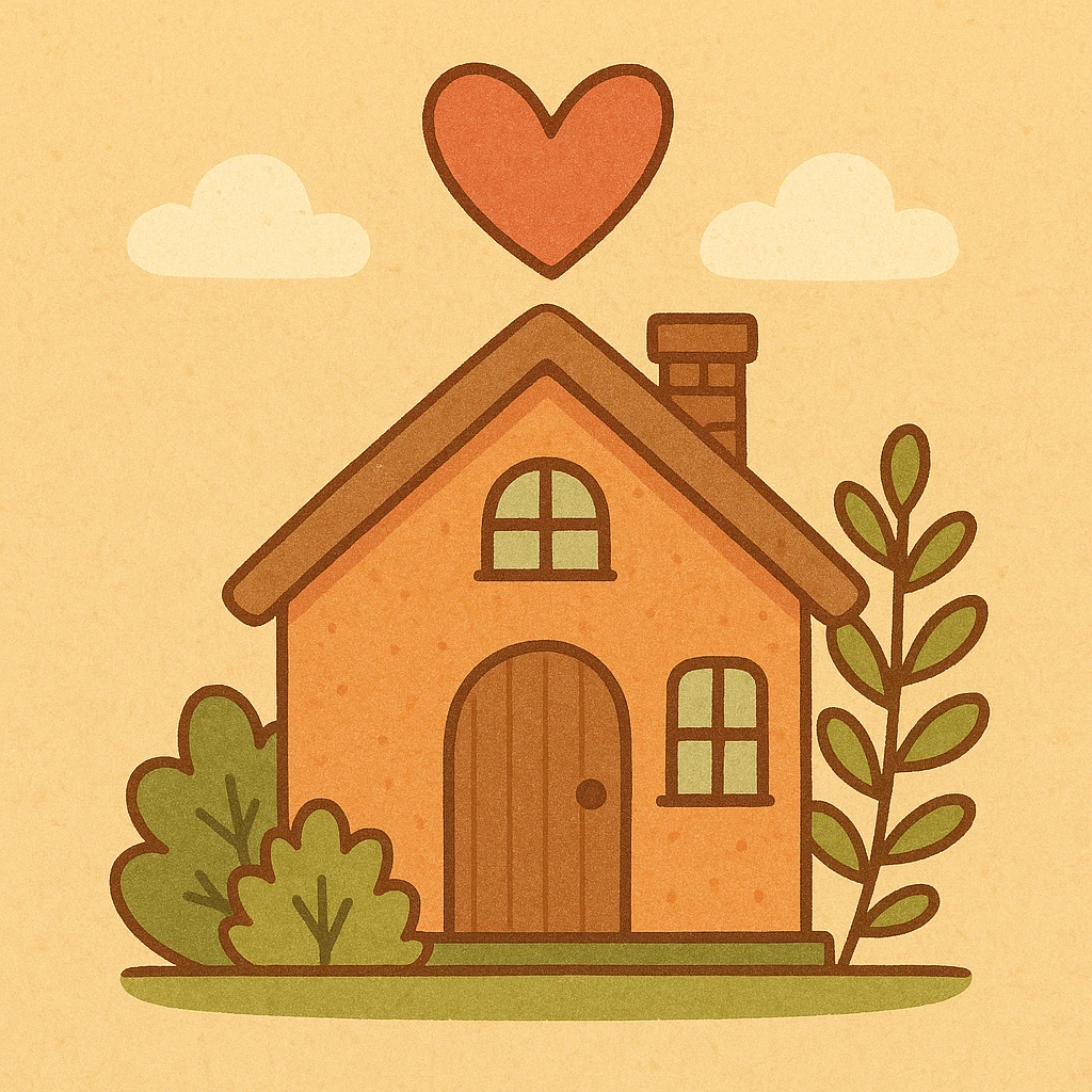 a cozy house with a heart above the roof, colorful cartoon style emoji