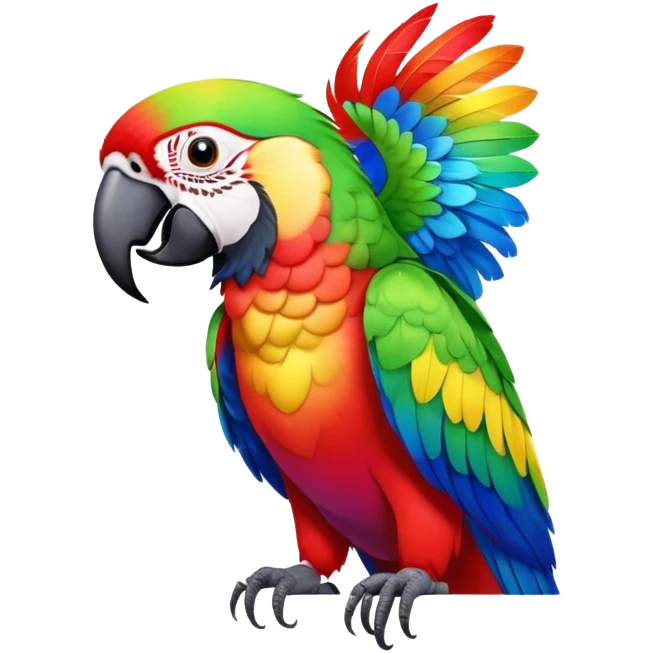 Cinematic Noble Macaw Portrait Emoji, Poised and regal, with vibrant, iridescent feathers in a spectrum of brilliant colors and sharp, intelligent eyes, Simplified yet sharp and sophisticated features, highly detailed, glowing with a soft, tropical radiance, high shine, majestic and graceful, stylized with an air of exotic elegance, focused and alert, soft glowing outline, capturing the essence of a watchful and confident avian guardian that seems ready to soar out of the screen with effortless authority! emoji