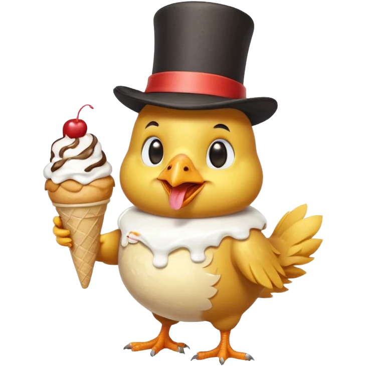 cute chicken dressed in overalls and a top hat, enjoying an ice cream sundae emoji