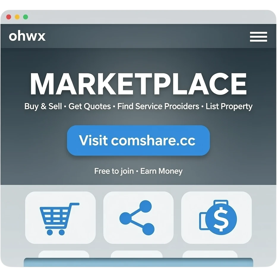 Main heading: "MARKETPLACE" Subtext: "Buy & Sell • Get Quotes • Find Service Providers • List Property" Call to action: "Visit comshare.cc" Bottom text: "Free to join • Earn Money".  Include subtle icons for shopping, sharing, money. Modern look. emoji