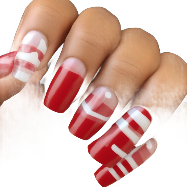 Long red and white acrylic nails on medium skin ton emoji