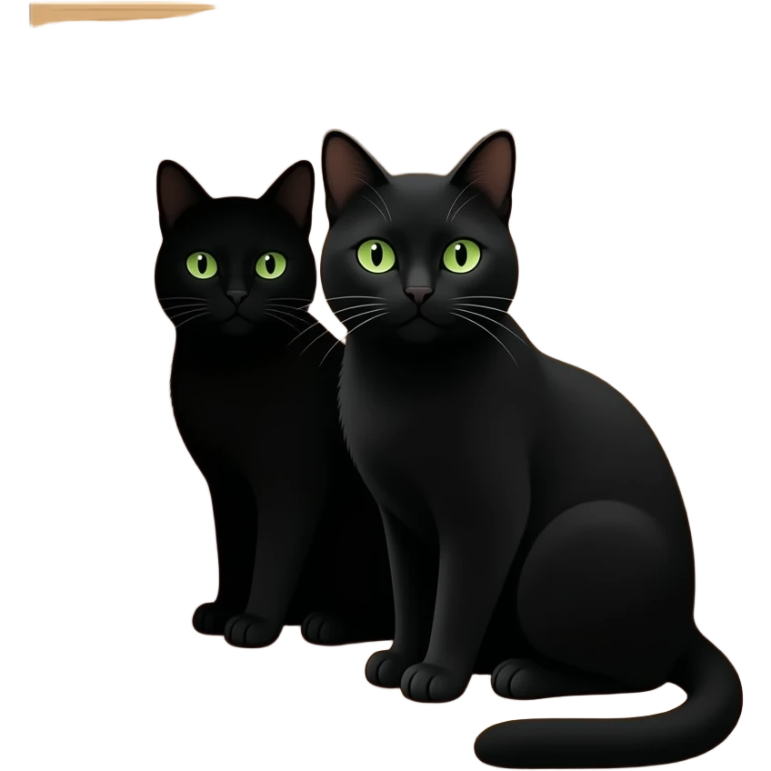 Two black cats are sitting inside what appears to be an outdoor storage box or container on a wooden deck. One cat is facing the camera directly with striking green eyes, looking quite intense and alert. The other cat is partially visible behind it. emoji