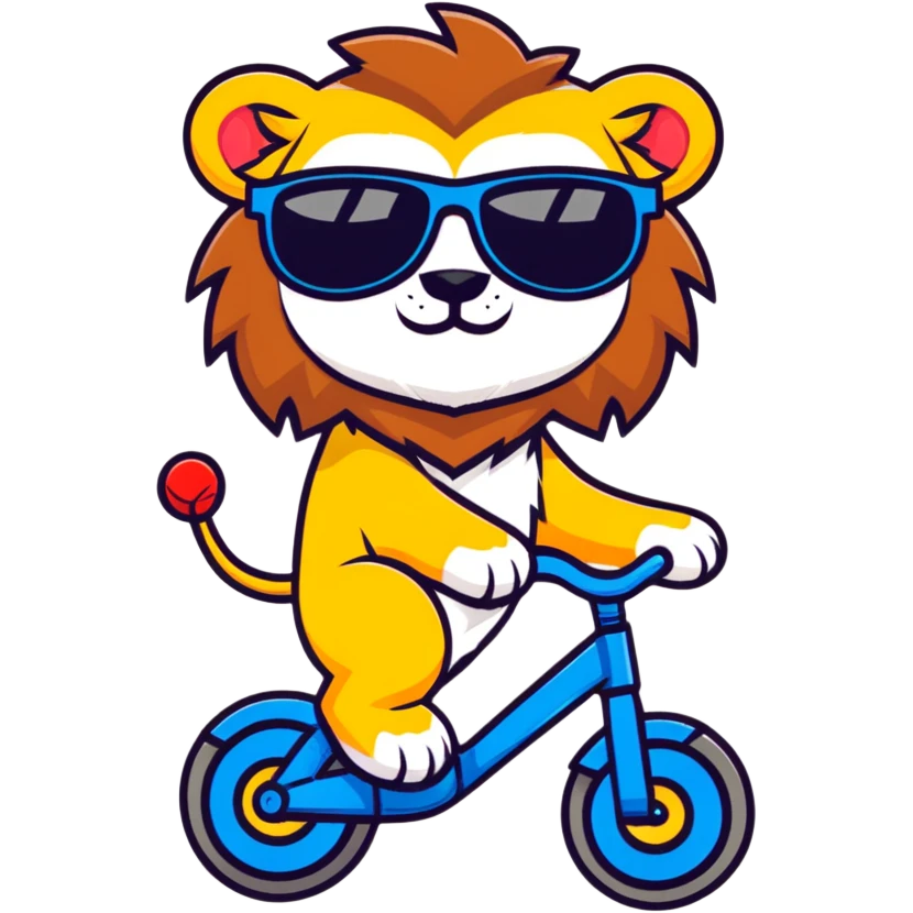 lion riding a bike with sunglasses, cartoon sticker style emoji
