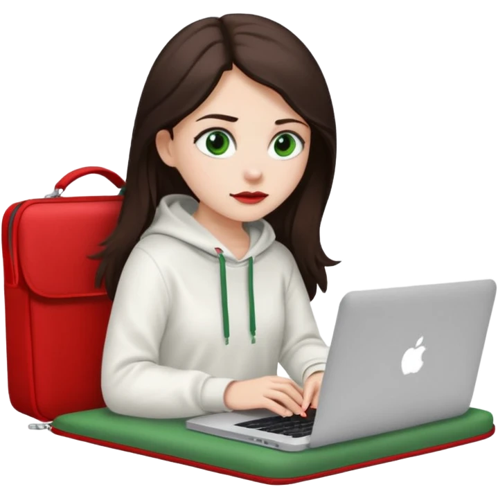 Long dark brown haired, white skinned, dark green eyed girl in white clothes girl sitting in macbook with a red case and watching to macbook emoji