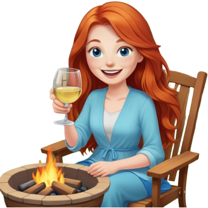 Laughing redhead with long hair and blue eyes holding white wine sitting in chair beside fire pit in backyard emoji