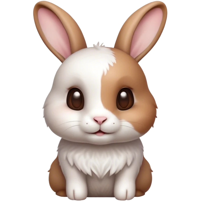 Cinematic Cute White and Brown Rabbit Portrait Emoji, Head tilted playfully and inquisitively, featuring a silky fur with a delicate mix of white and brown patches, round, sparkling eyes filled with curiosity, Simplified yet irresistibly adorable features, highly detailed, glowing with a warm, friendly glow, high shine, affectionate and lively, stylized with a touch of whimsy, bright and endearing, soft glowing outline, capturing the essence of a mischievous yet loving bunny, so playful it feels like it could hop out of the screen and into your arms! emoji